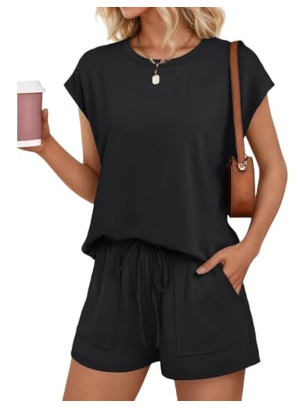 Women's 2 Piece Lounge Set Crew Neck Top & Pocket Shorts Loose Fit